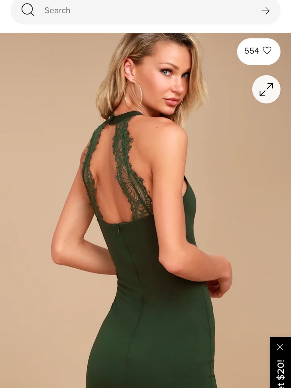Lulus Lace-Back Bodycon Dress in Deep Green. Size XL.